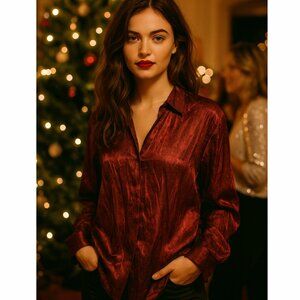 Vintage Y2K Burgundy Red Metallic Crinkle Button Down Shirt Long Sleeve Holiday